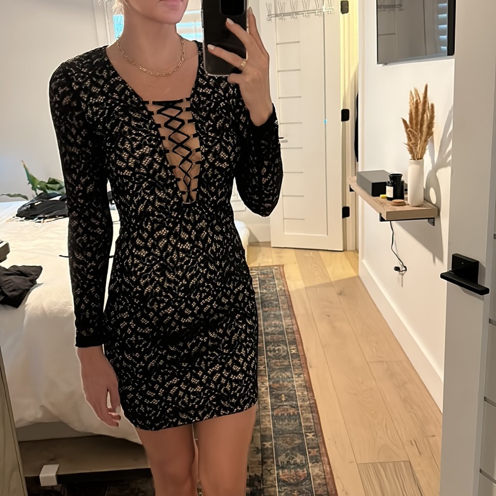 WYLDR black long sleeve mesh lace dress S